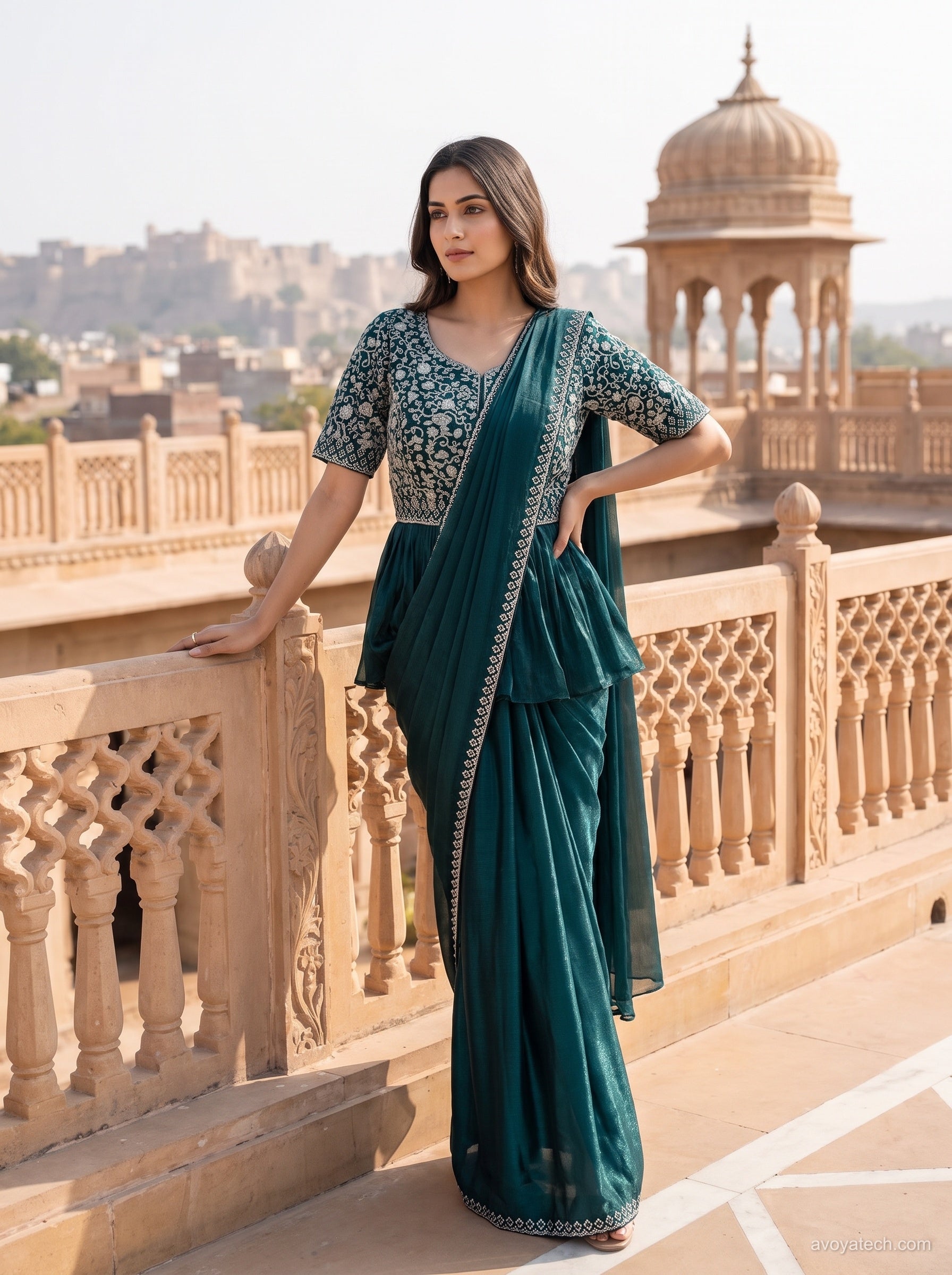 Emerald Teal Peplum Saree Gown with Floral Bodice Main image