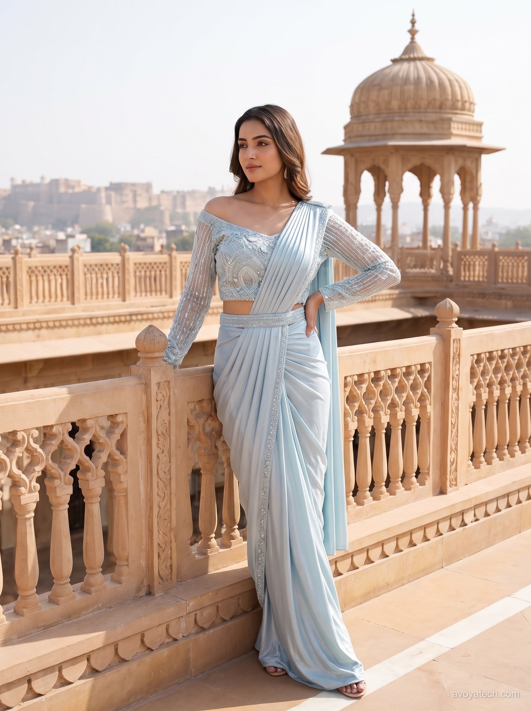 Powder Blue Off-Shoulder Saree Gown with Embellished Belt Main image