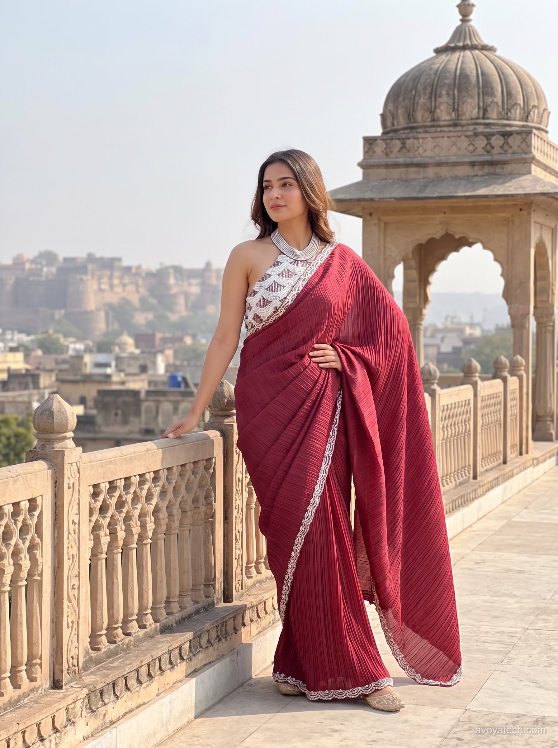 Deep Maroon Accordion-Pleated Saree Gown with Halter Bodice Main image