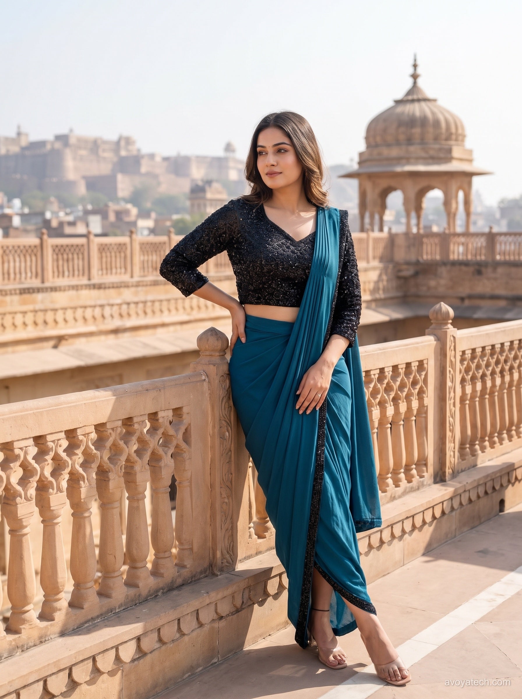 Peacock Teal Dhoti Saree Gown with Encrusted Black Blouse Main image