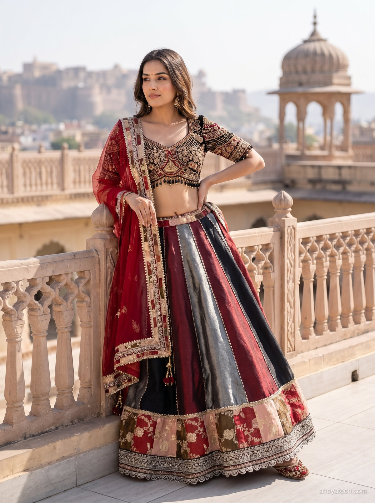 Maroon &amp; Charcoal Multi-Panel Heritage Lehenga Set Main image