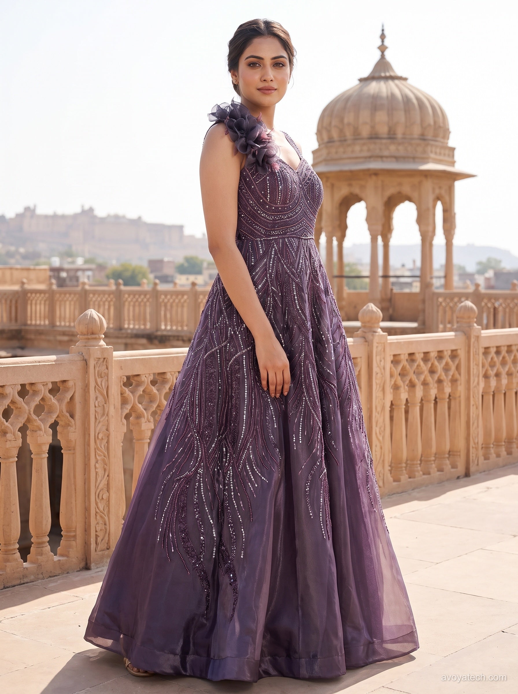 Lavender-Purple Linear Embellished Gown Set