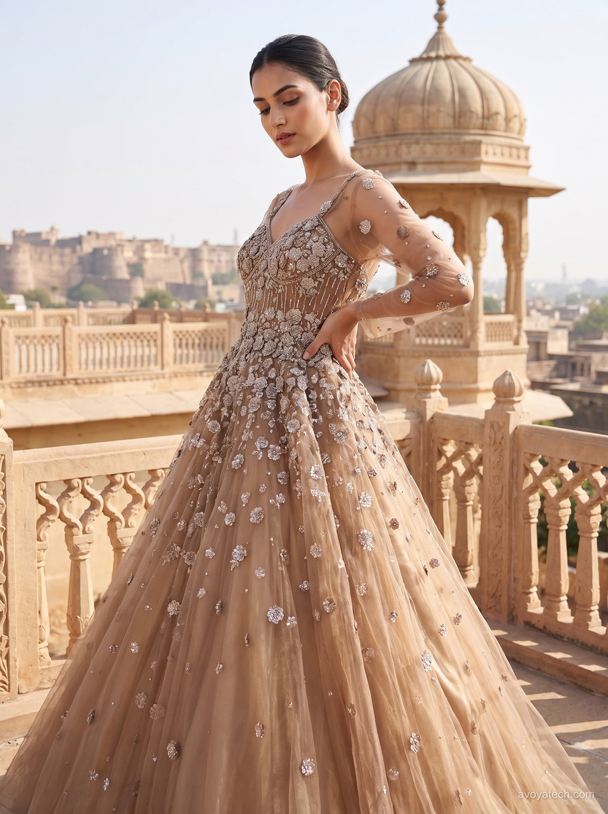 Sandy Walnut Embellished Gown With Flared Drape Sleeves