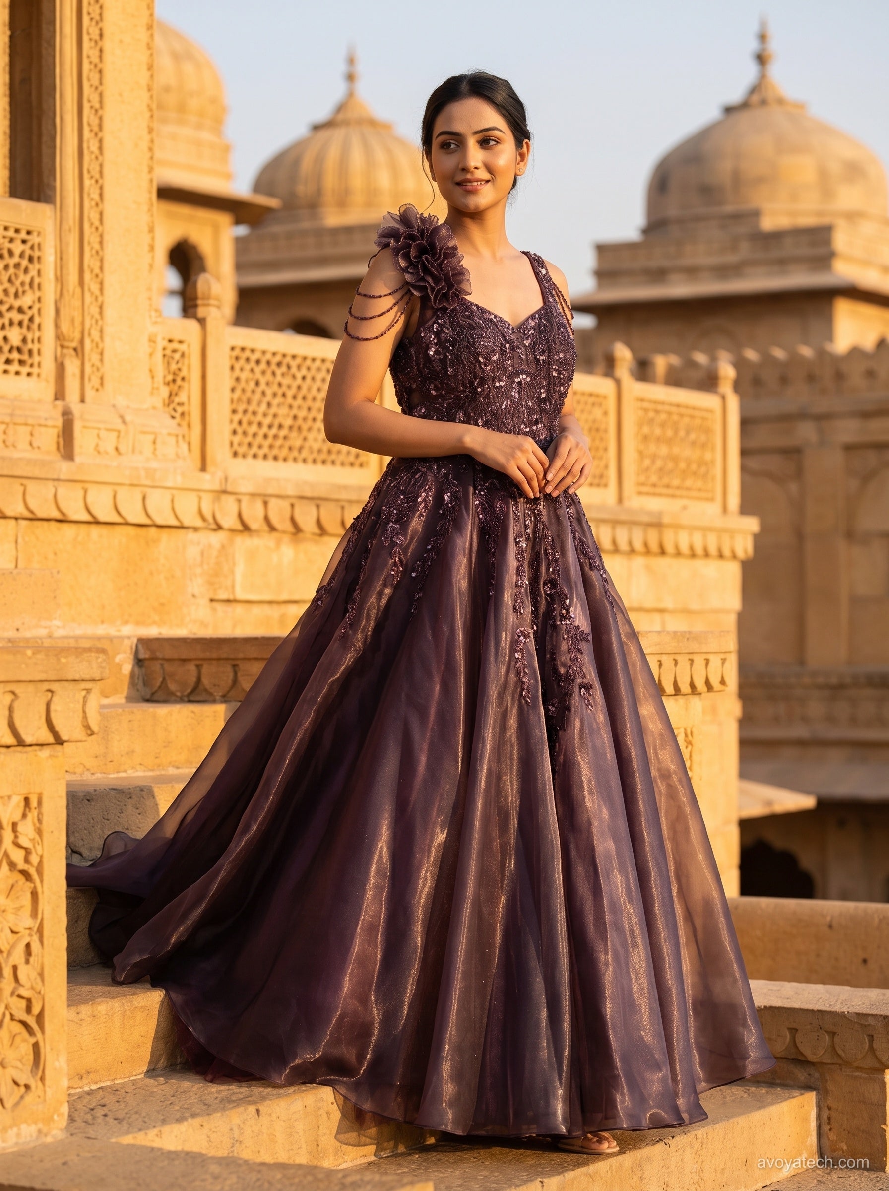 Plum Organza Ruffled Shoulder Gown Set