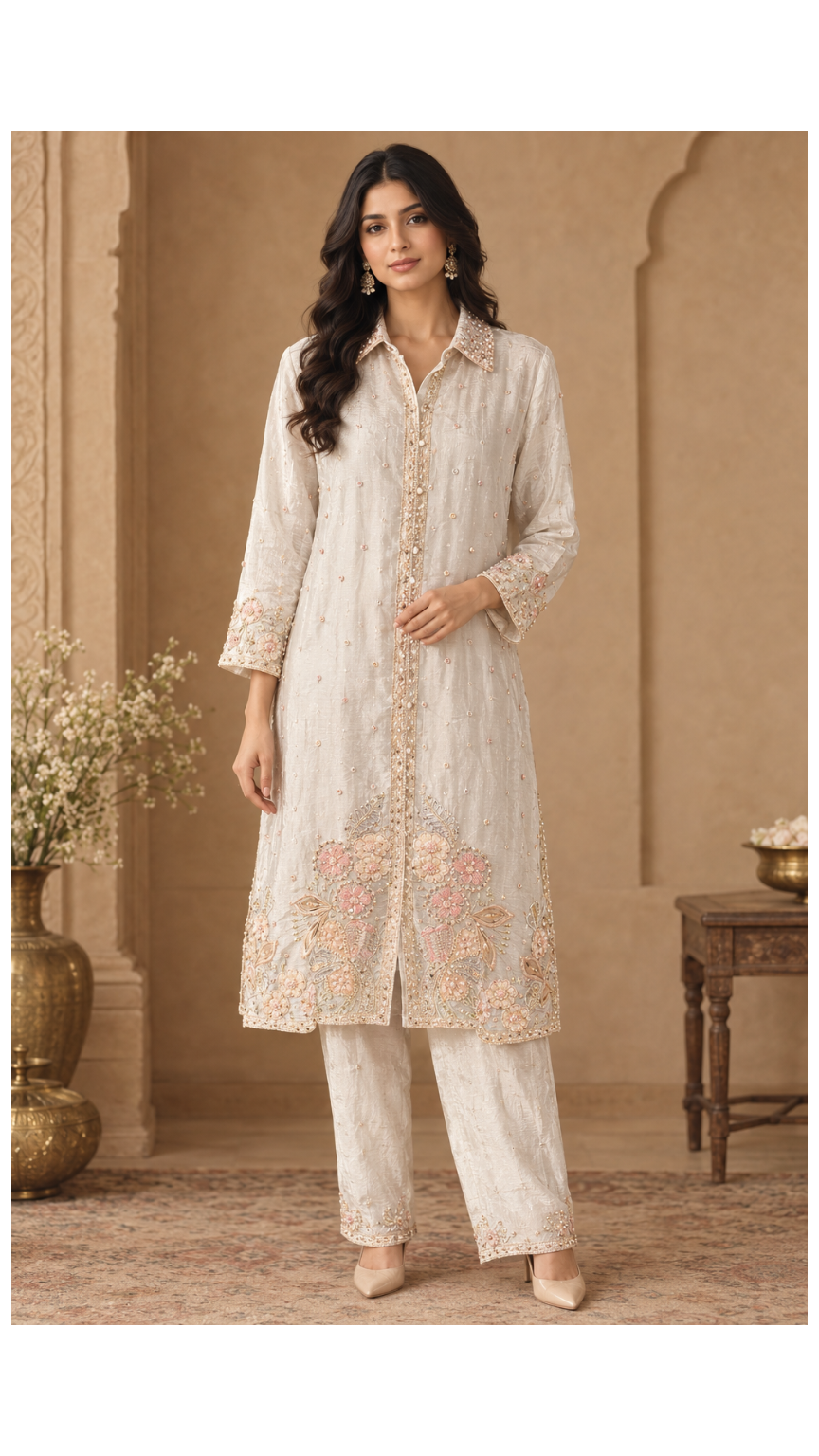 Off-White Embellished Shirt-Style Kurta with Floral Threadwork & Straight Pants Set