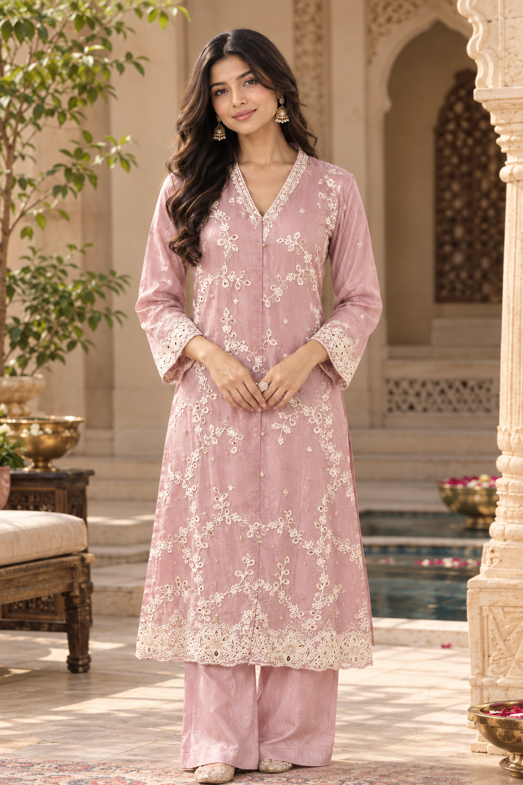 Elegant Dusty Pink Embroidered Kurta & Palazzo Set