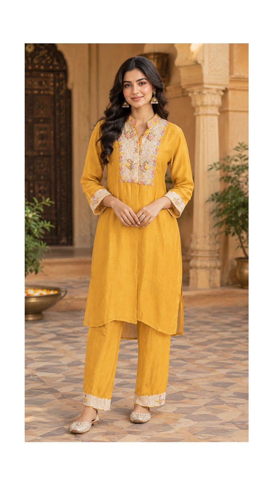 Mustard Yellow Embroidered Kurta with Straight Pants & Lace Detailing
