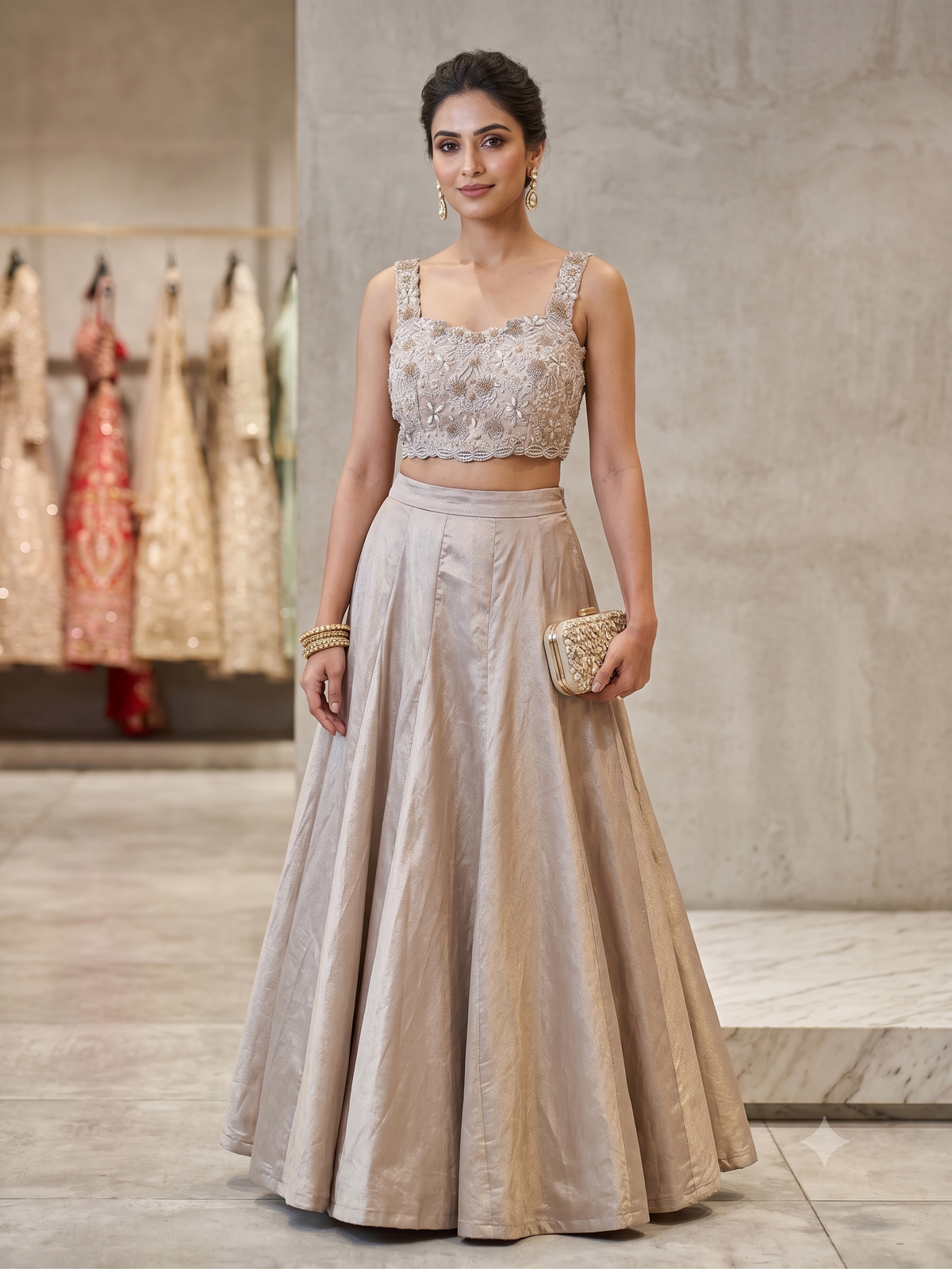 Champagne Nude Pearl &amp; Crystal Embroidered Lehenga Set