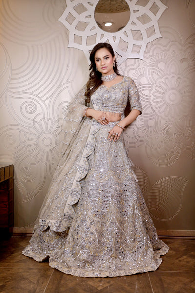 Classic grey color floral motif embroidered lehenga