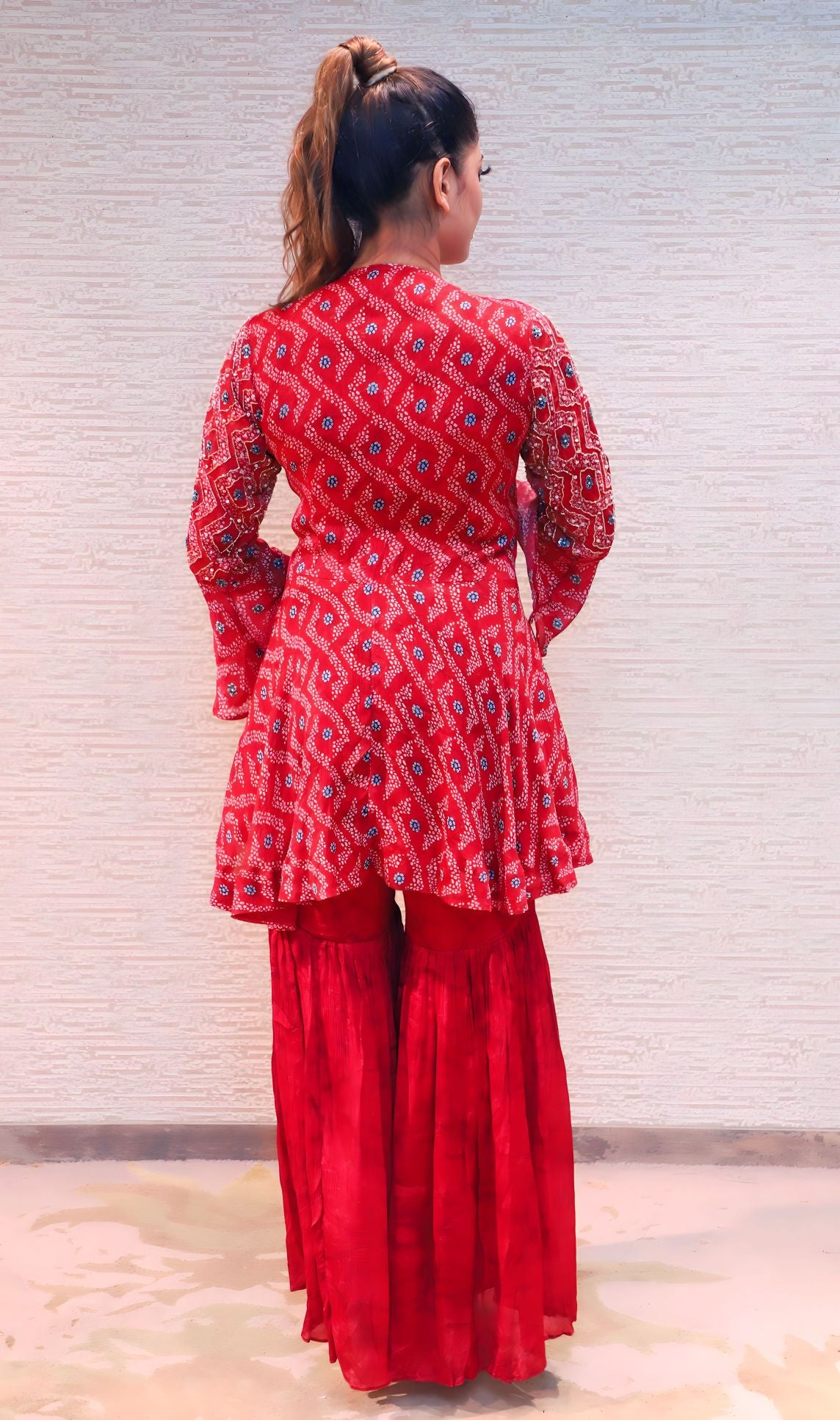 stylish red color floral motif printed sharara set