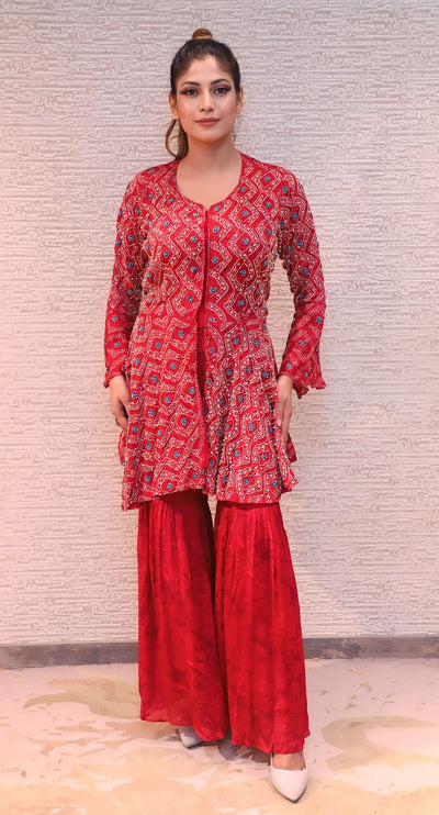 stylish red color floral motif printed sharara set