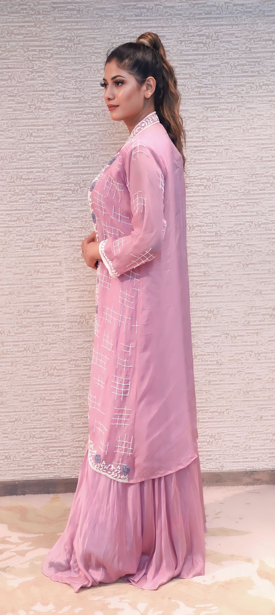 classic pink color floral motif embroidered jumpsuit set