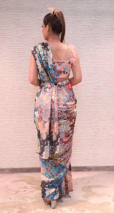 adorable multi color printed drape saree
