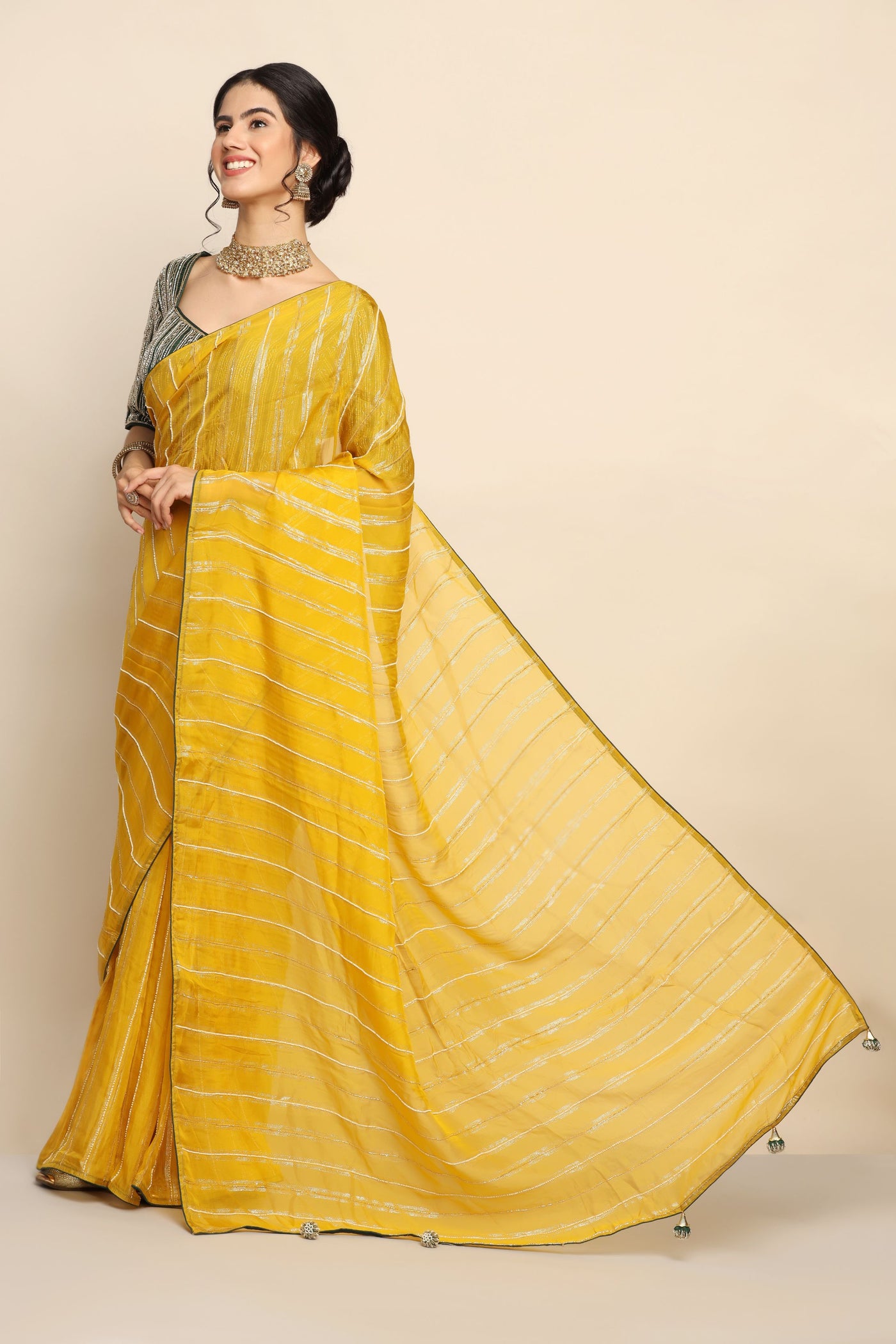 Mustard and Green Saree with Cut Dana, Pipe Work, and Moti Detailing