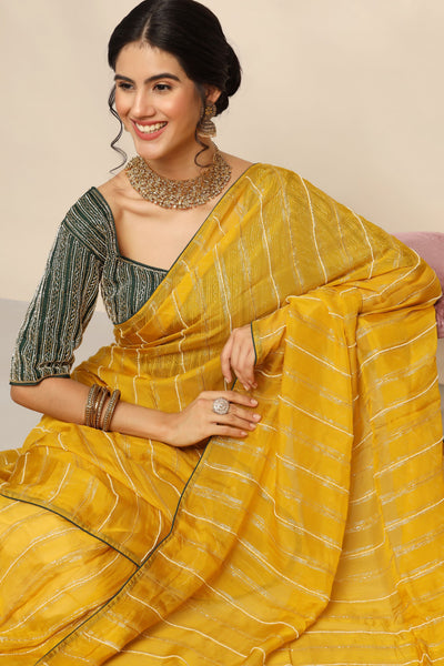 Mustard and Green Saree with Cut Dana, Pipe Work, and Moti Detailing
