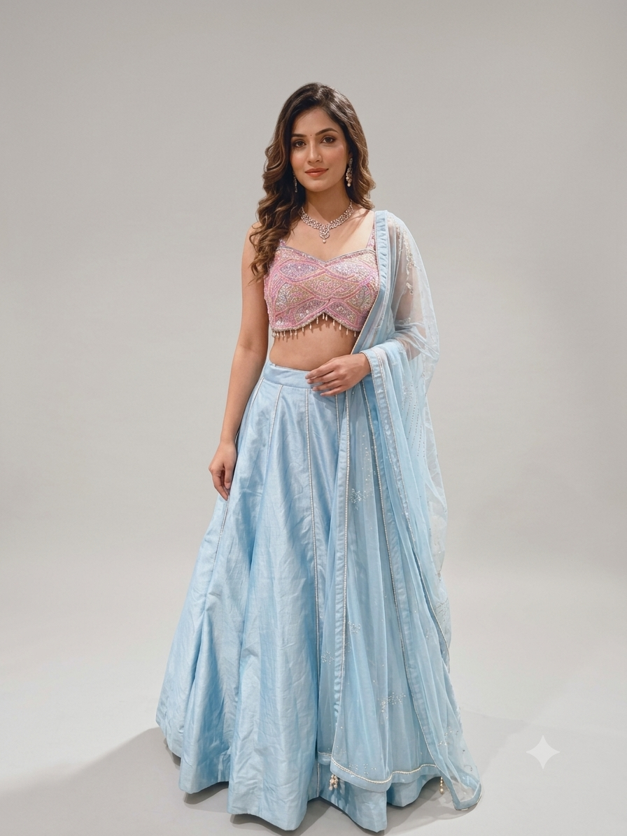Sky Blue & Pink Sequined Lehenga Set with Pearl Accents Main image