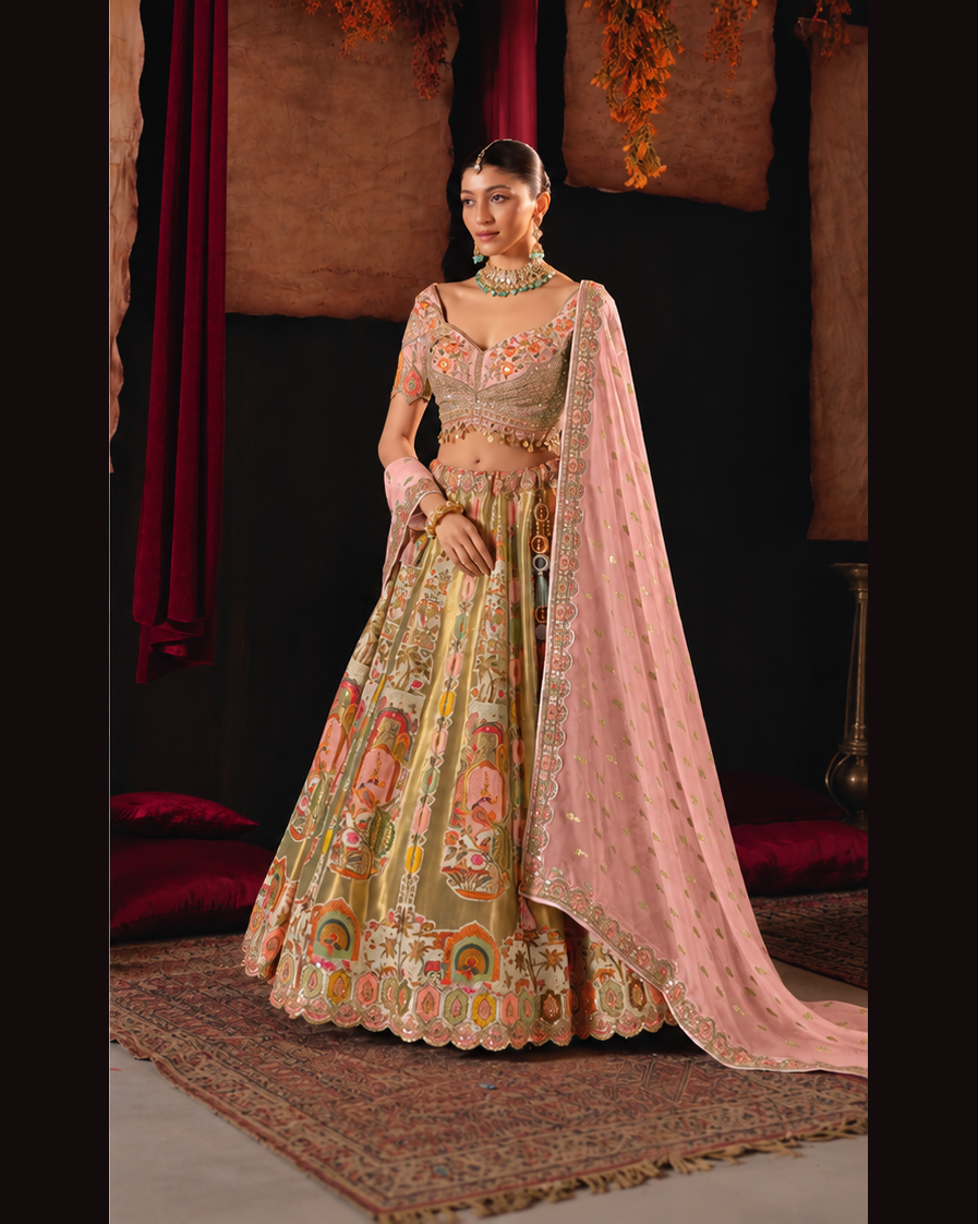 Elegant Pastel Pink Multicolor Embroidered Lehenga – ODHNI