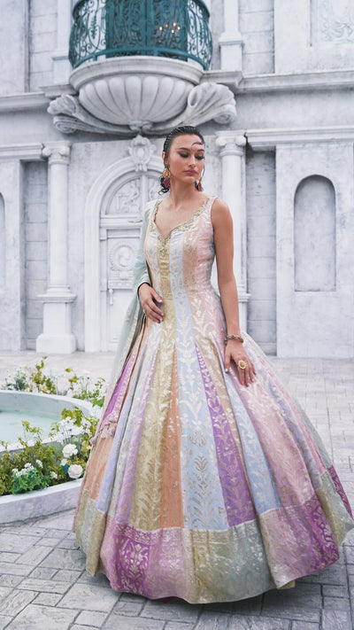 Pastel Panel Gown with Brocade Weaving and Gold Work (RUHI M-24)