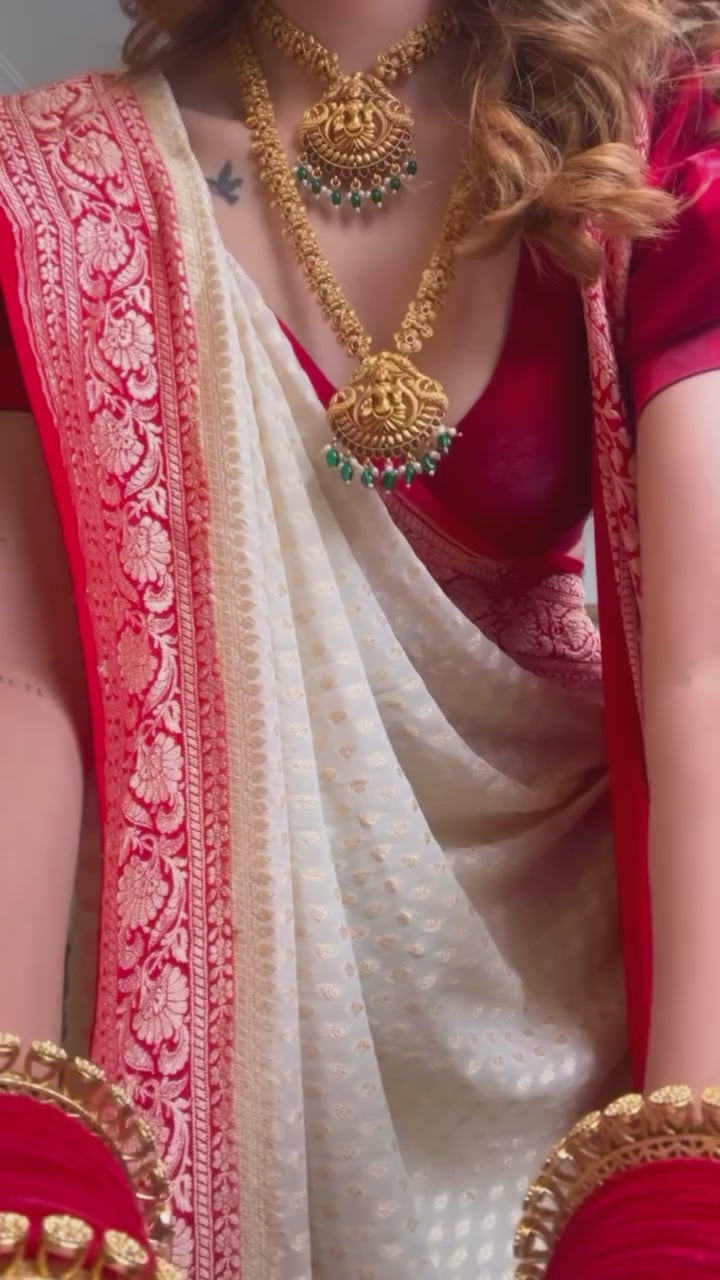 Classic Ivory &amp; Scarlet Banarasi Saree (KHP2273 V-38)