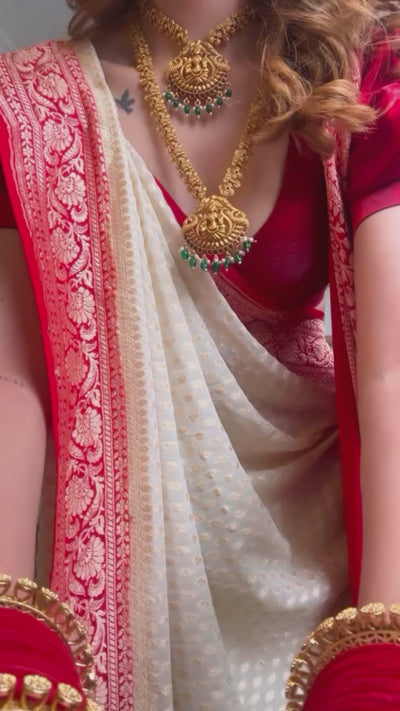 Classic Ivory &amp; Scarlet Banarasi Saree (KHP2273 V-38)