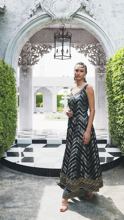 Blue Majestic Multicolored Panel Anarkali Suit with Rich Gold Work (ESHA M-24)