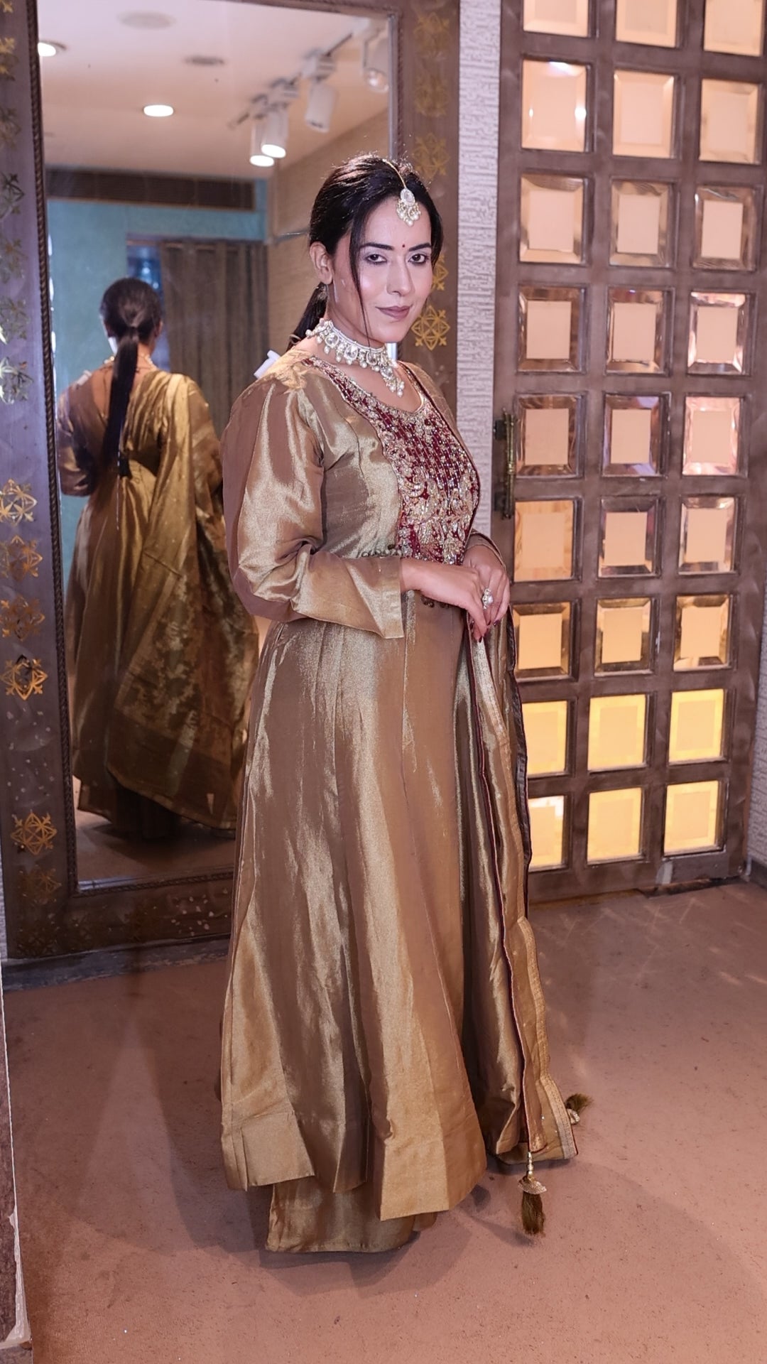 Gold Brocade Anarkali Suit with Palazzo Bottoms (P-2806 M-75)