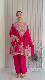 Red Festive Embroidered Kurti and Pant Set (221034 D-65)