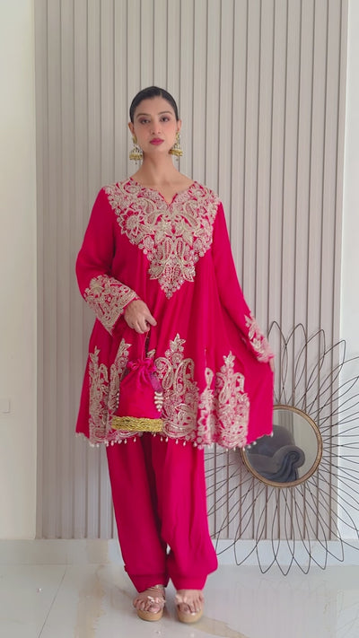 Red Festive Embroidered Kurti and Pant Set (221034 D-65)