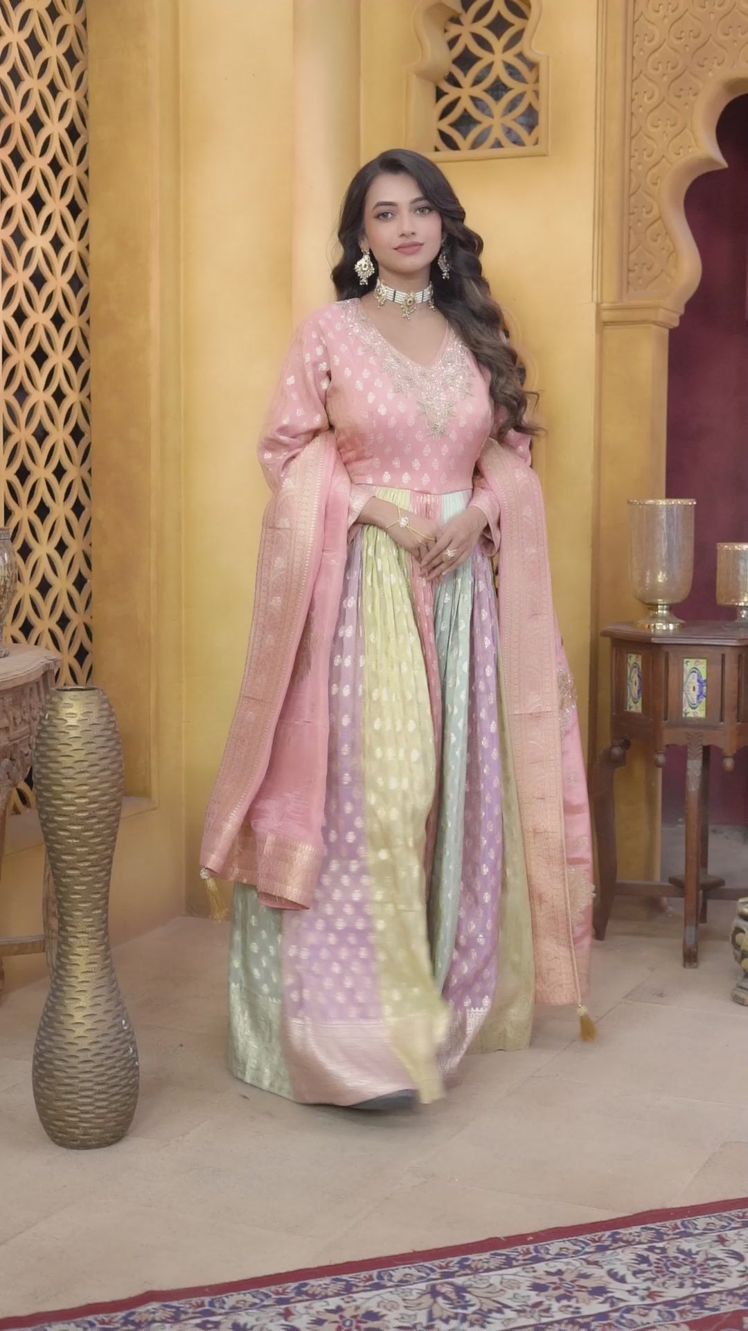 Pastel Rainbow Brocade Anarkali Gown (A1329 GA-3)