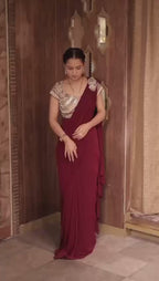 Wine Radiance: Modern Pre-Draped Saree