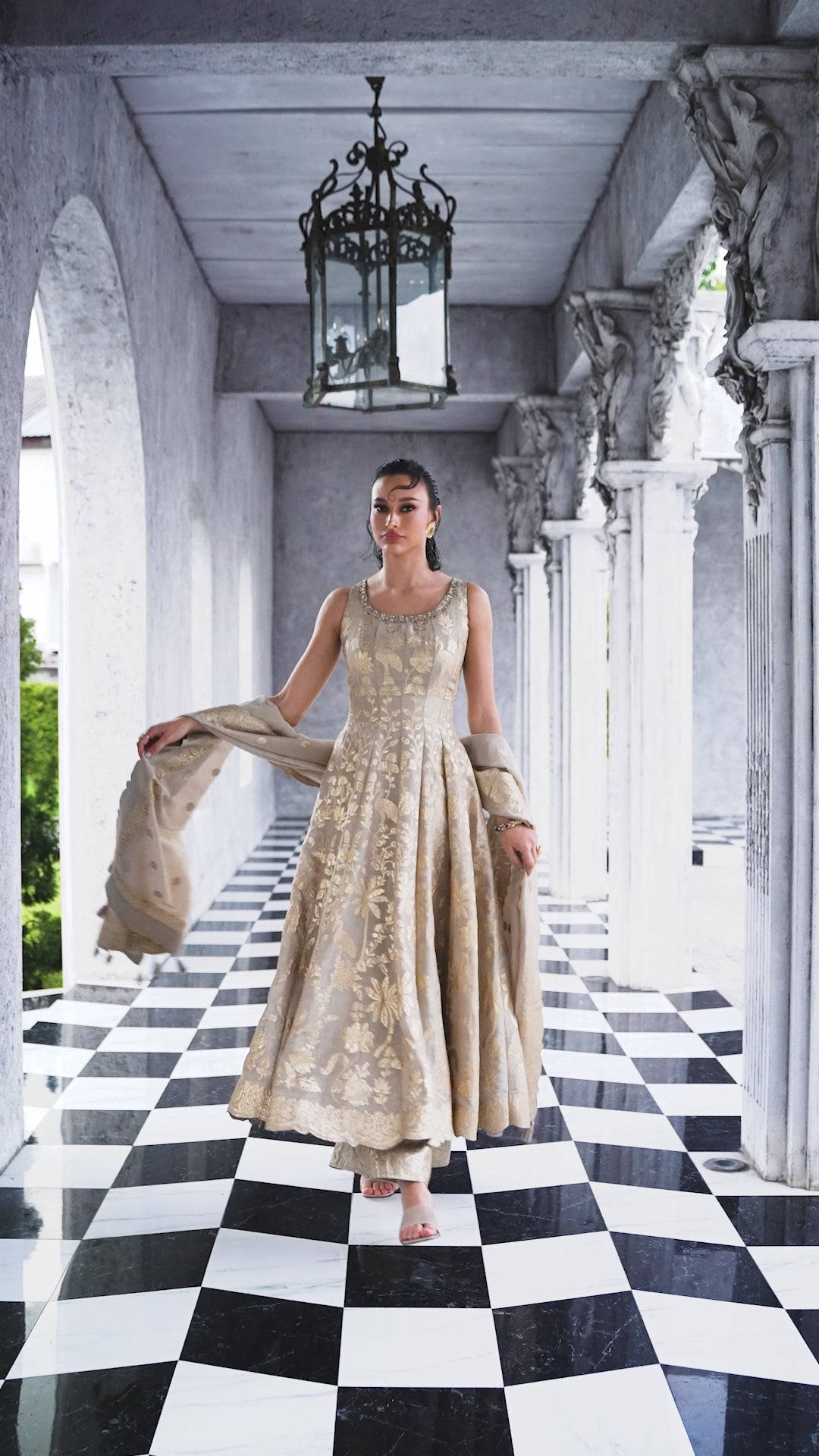 Elegant Light Gold Brocade Anarkali Set (ANNU M-24)