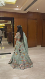 Mint Blue Floral Embroidered Designer Lehenga with Floral Thread Work for women Online