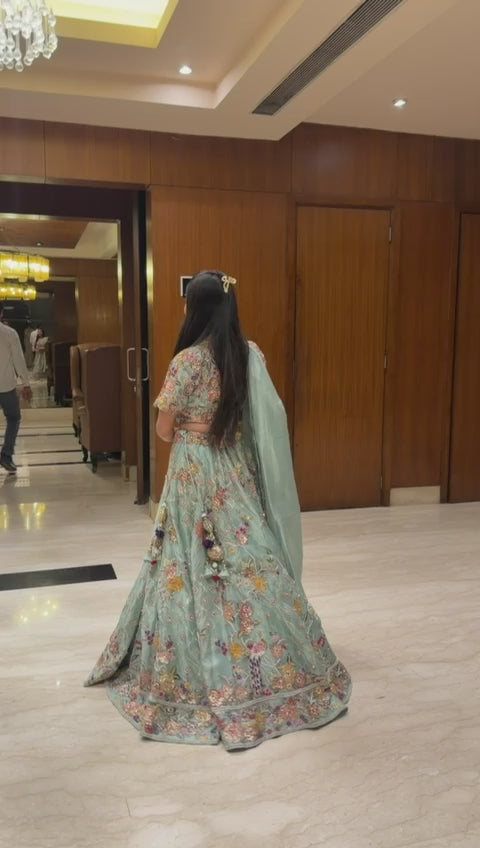 Mint Blue Floral Embroidered Designer Lehenga with Floral Thread Work for women Online