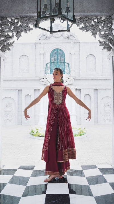 Ruby Red Front-Slit kurti with Geometric Gold Border (ZEENAT M-24)