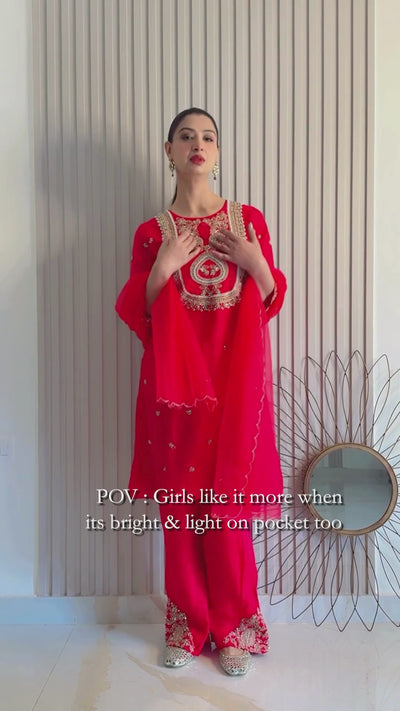 Vibrant Red Kurti Set with Gold Embellishment (LB-2104 B-35)