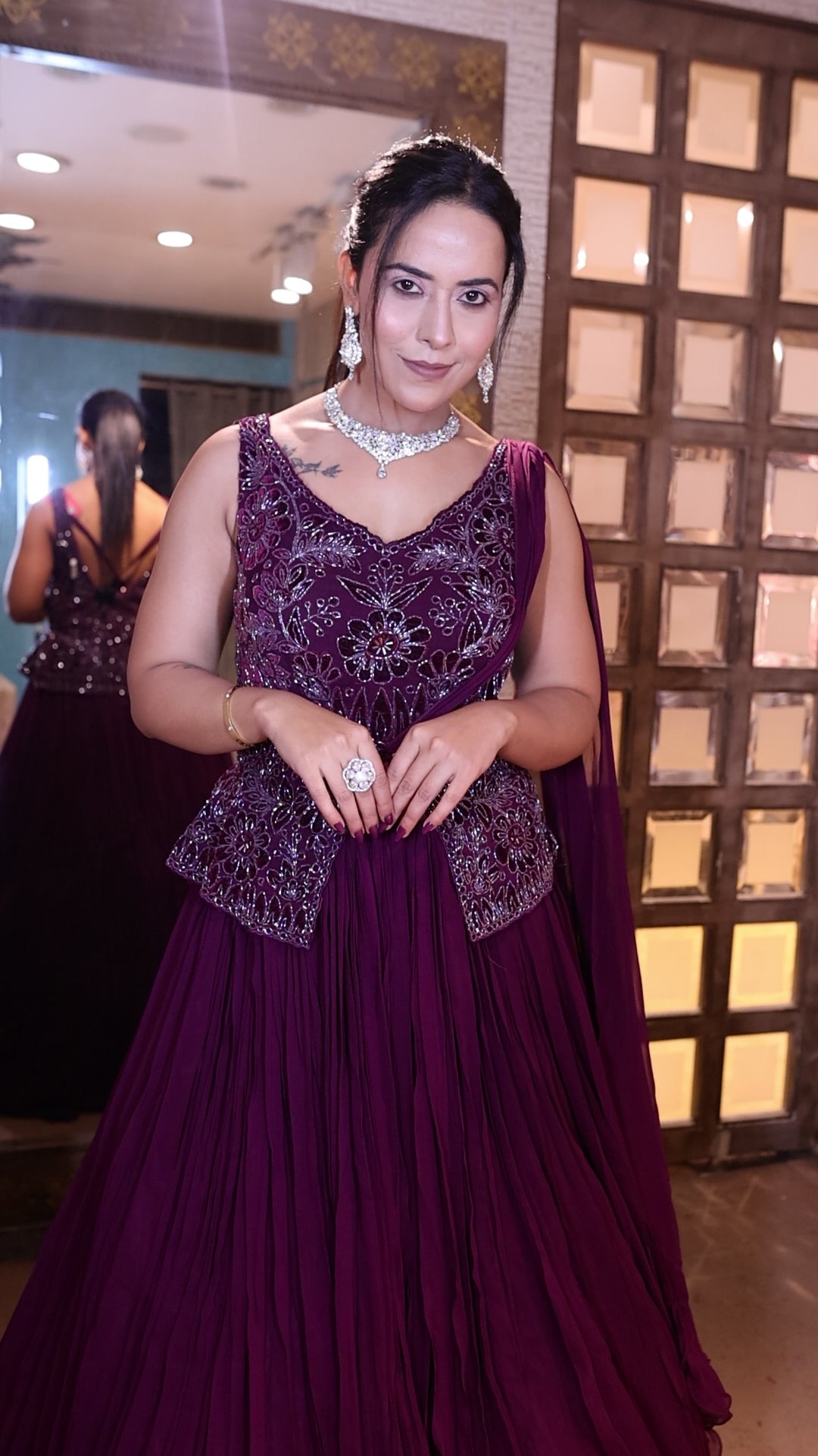 Plum Noir Peplum Gown with Crinkle Skirt (IR-0020 D-29)