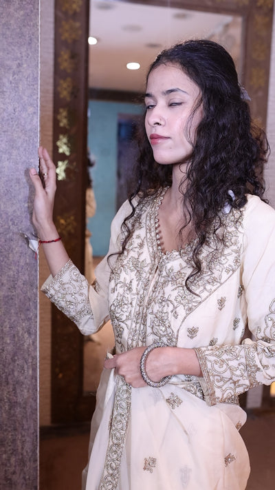 Cream Antique Gold Embroidered Kurta Set (FALAK M-91)