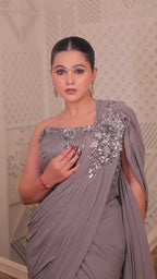 Silver Sequin Pleated Drape Saree