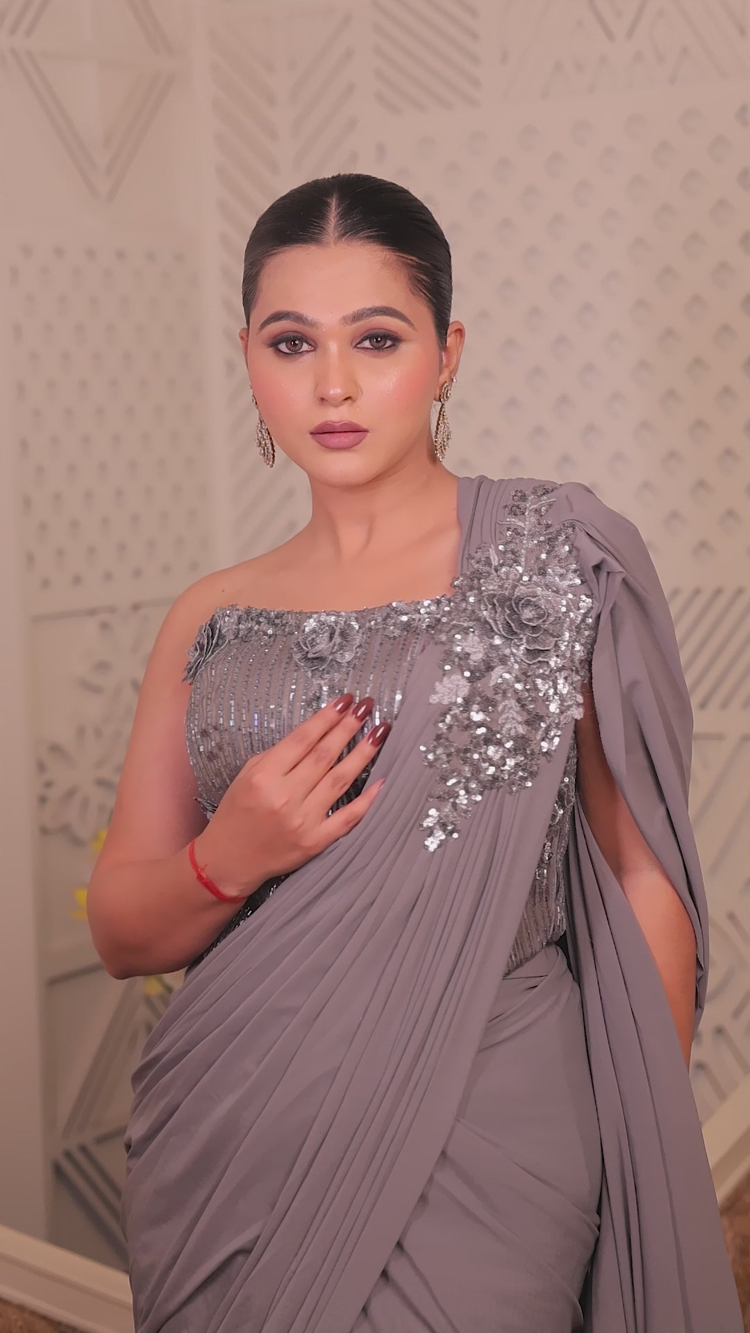 Silver Sequin Pleated Drape Saree