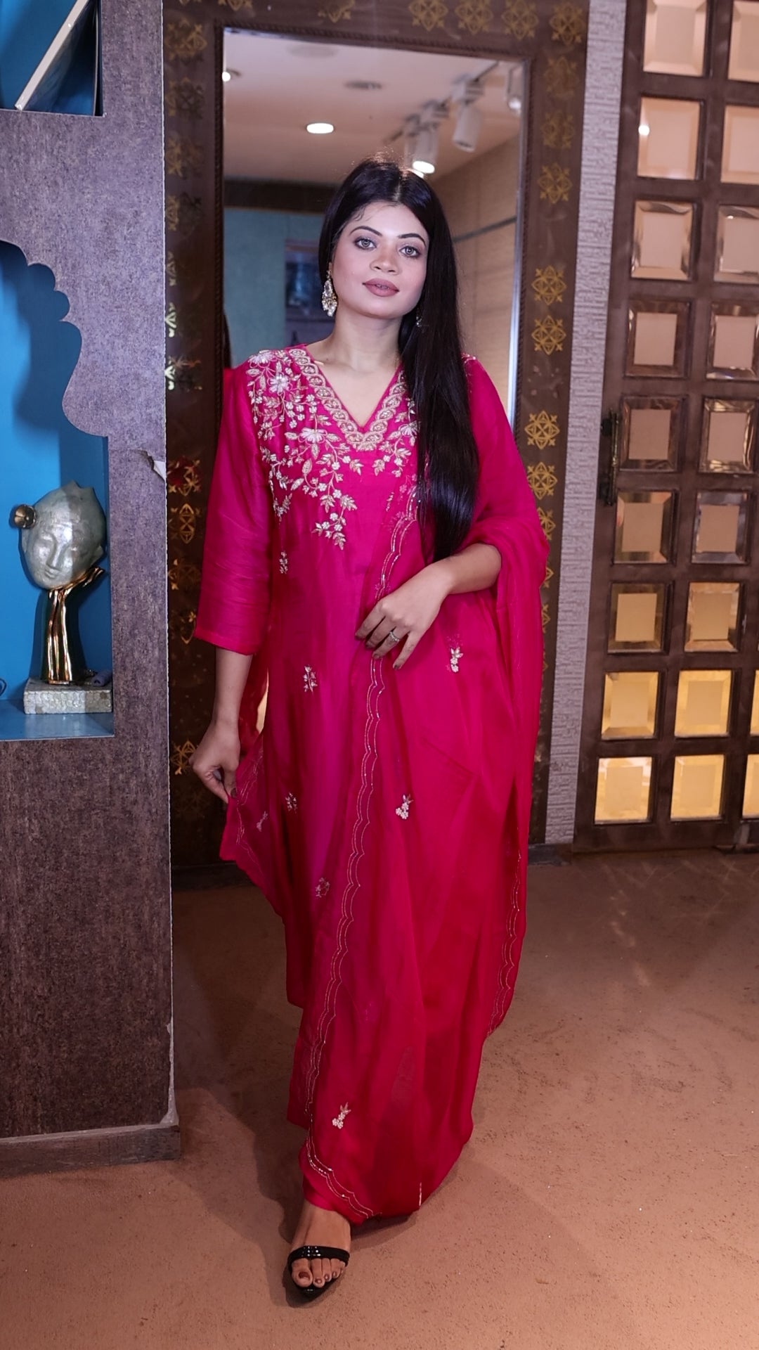 Fuchsia Pink & White Embroidered Kurti Set (2331 BS-62)