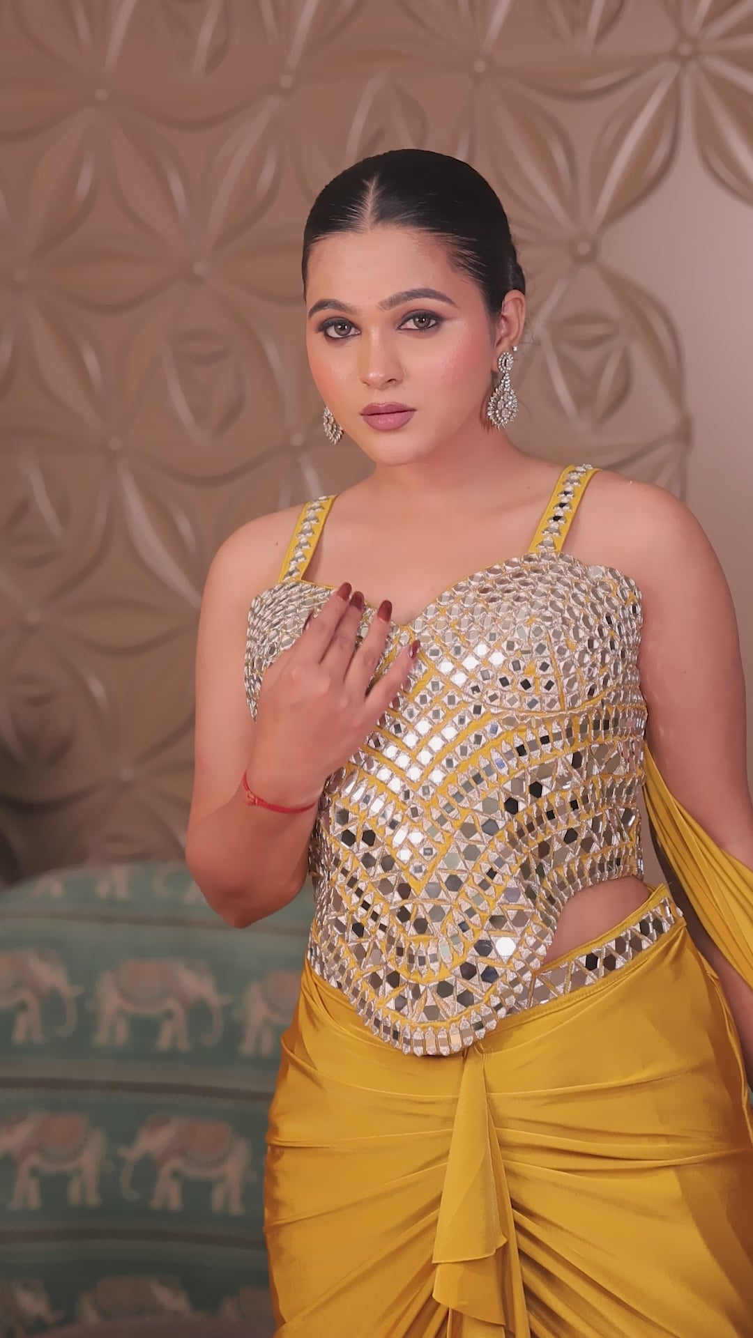 Geometric Mirror-Work Satin Drape Saree
