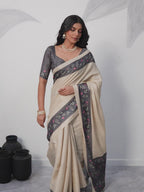 Satin Tussar Saree with Embroidery-Style Digital Print