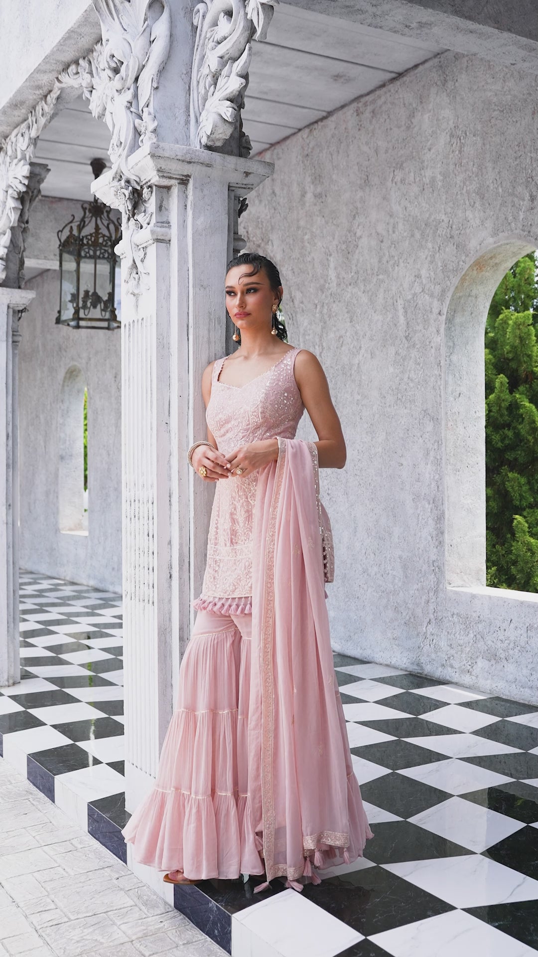 Powder Pink Embellished sharara Suit with Tiers (CHARMI M-24)
