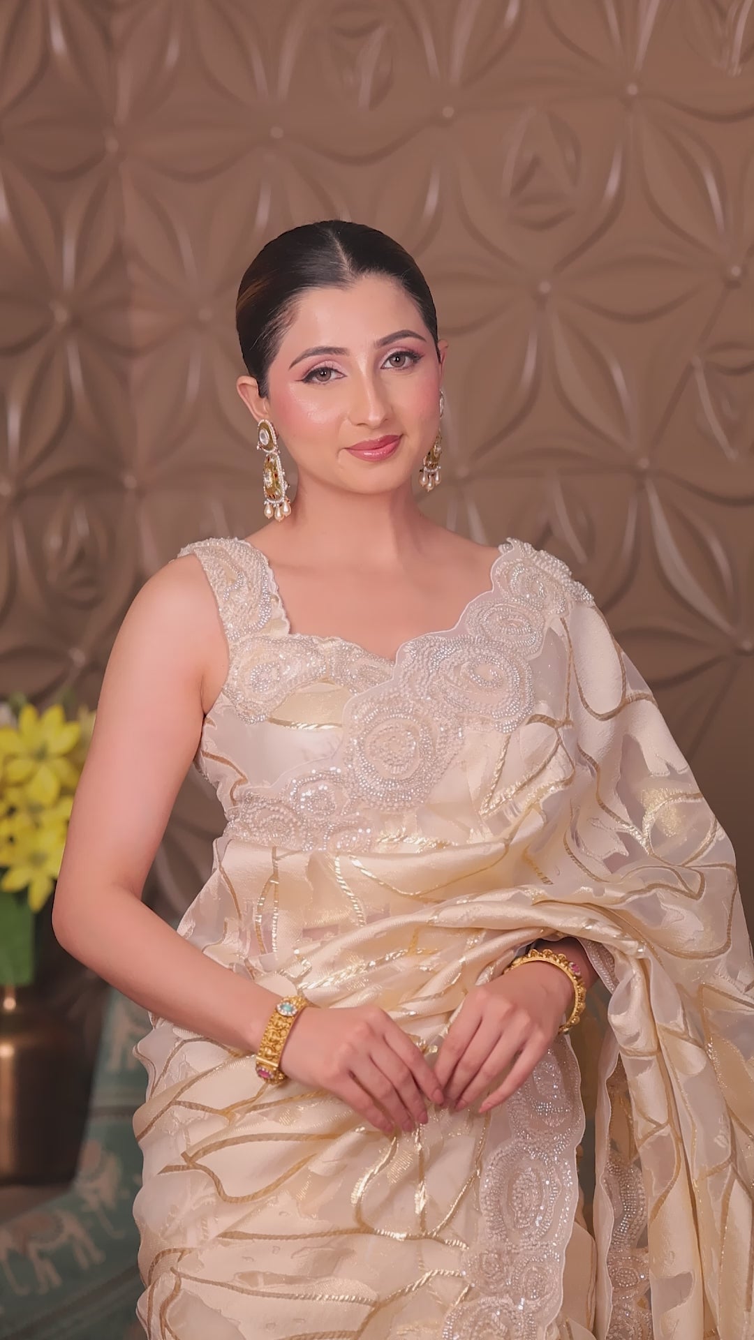 Champagne Organza Saree with Embroidered Rose Appliqué Main image