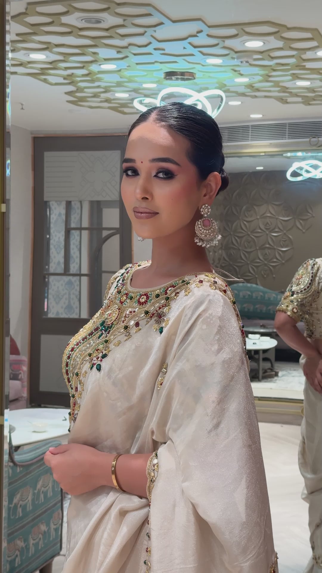 Champagne Pearl Saree with Jewel-Encrusted Blouse