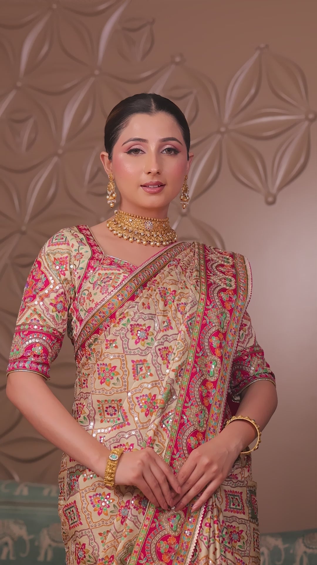Beige Patola Silk Saree with Rani Pink Scalloped Border