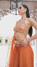 Vibrant Orange Halter Top and Palazzo Set with Sequin Work (LEELA M-24)