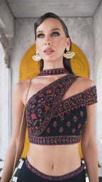 Elegant Navy Blue Indo-Western Set with Embroidered Off-Shoulder Top (INDRANI M-24)