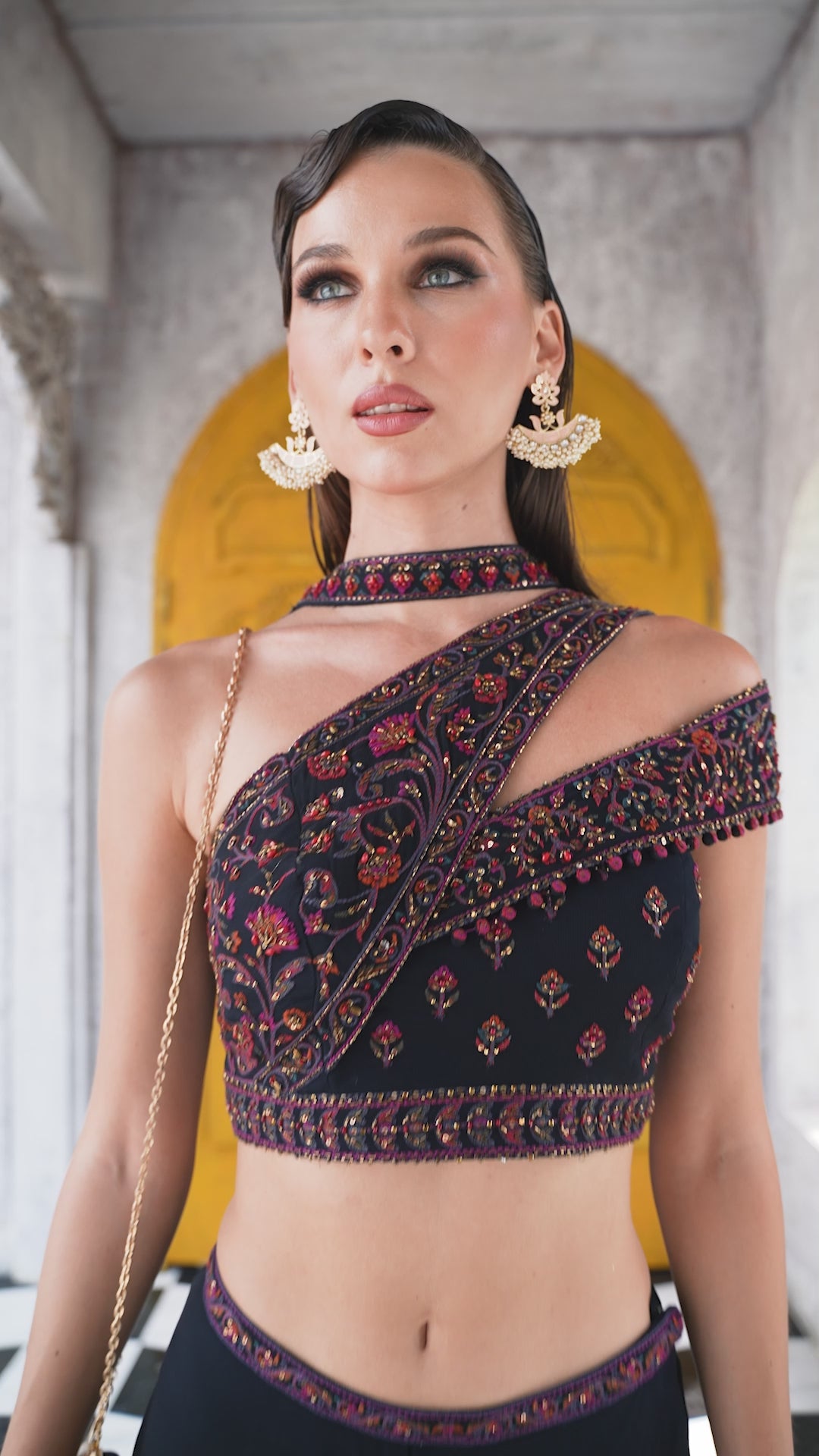 Elegant Navy Blue Indo-Western Set with Embroidered Off-Shoulder Top (INDRANI M-24)