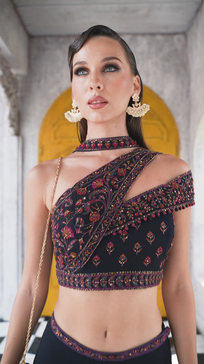 Elegant Navy Blue Indo-Western Set with Embroidered Off-Shoulder Top (INDRANI M-24)